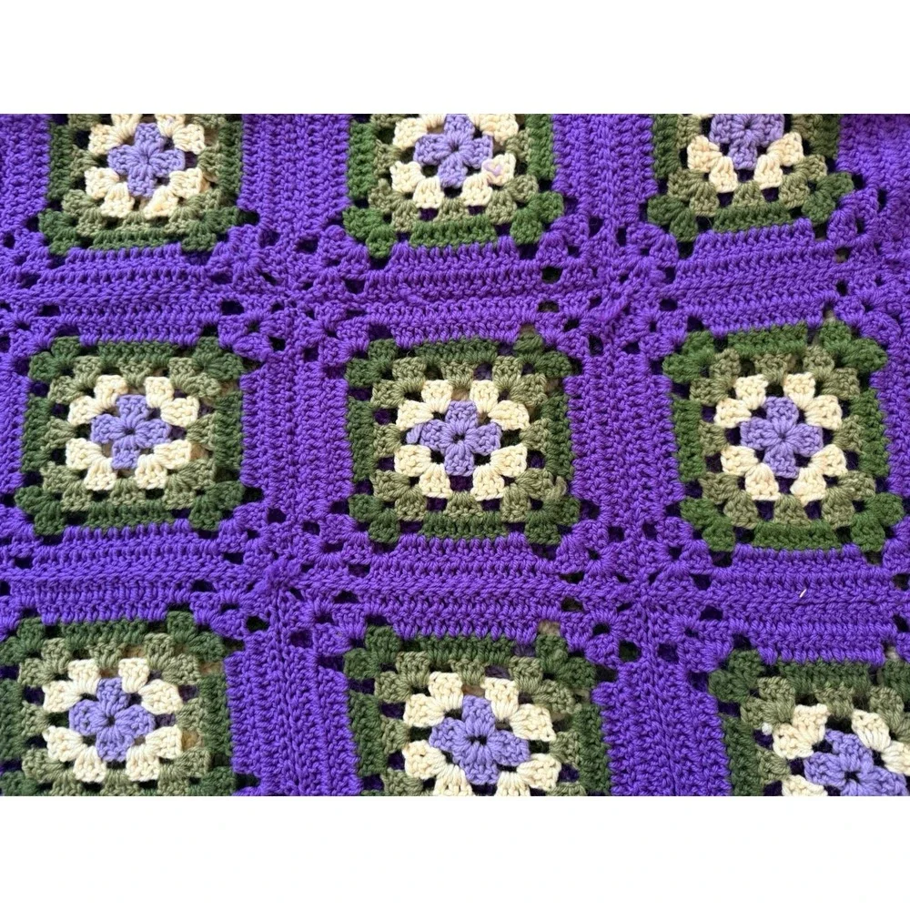 Groovy Granny Square Handmade Crocheted Afghan Throw Blanket 48x70 Purple Green